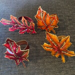 Unbranded Fall Leaf Napkin Rings Set of 4 Red Orange Gold Excellent Enamel Metal